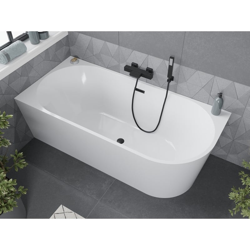 Mexen Mia freistehende Eckbadewanne links 160 x 80 cm, weiß, Überlauf schwarz - 52691608000L-70