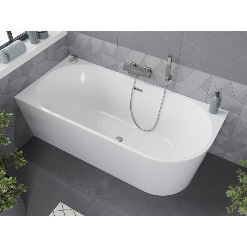 Mexen Mia freistehende Eckbadewanne links 160 x 80 cm, weiß, Überlauf gebürstetes Nickel - 52691608000L-97