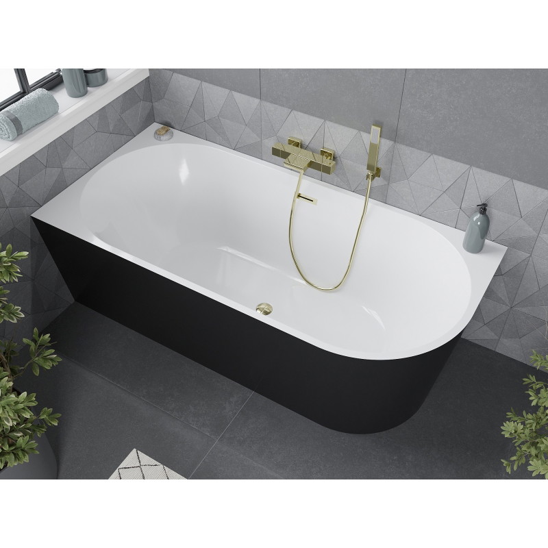 Mexen Mia freistehende Eckbadewanne links 160 x 80 cm, weiß/schwarz, Überlauf gold - 52691608075L-50