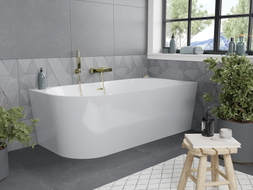 Mexen Mia freistehende Badewanne Ecke rechts 160 x 80 cm, weiß, Überlauf gebürstetes Gold - 52691608000P-55