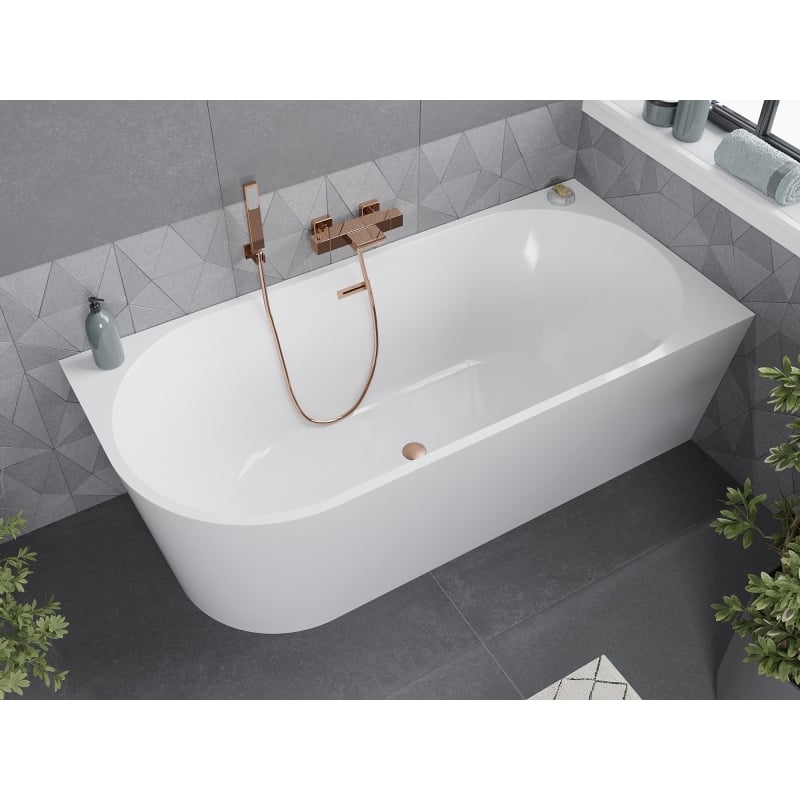 Mexen Mia freistehende Eckbadewanne rechts 160 x 80 cm, weiß, Überlauf aus gebürstetem Kupfer - 52691608000P-65