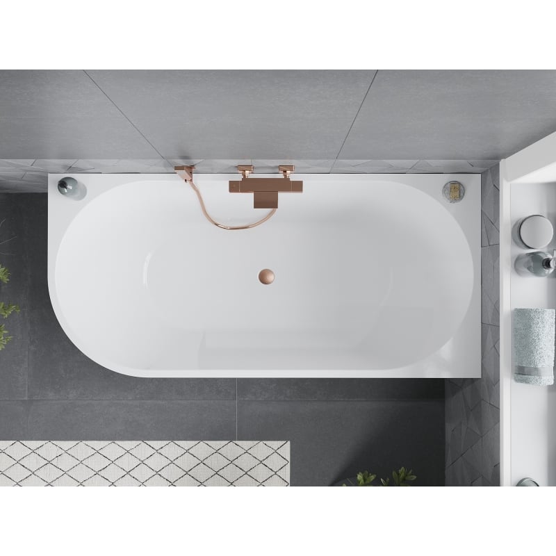 Mexen Mia freistehende Eckbadewanne rechts 160 x 80 cm, weiß, Überlauf aus gebürstetem Kupfer - 52691608000P-65