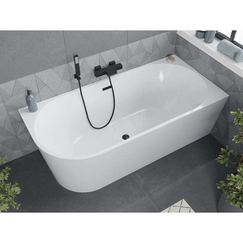 Mexen Mia freistehende Eckbadewanne rechts 160 x 80 cm, weiß, schwarzer Überlauf - 52691608000P-70