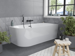 Mexen Mia freistehende Eckbadewanne rechts 160 x 80 cm, weiß, schwarzer Überlauf - 52691608000P-70