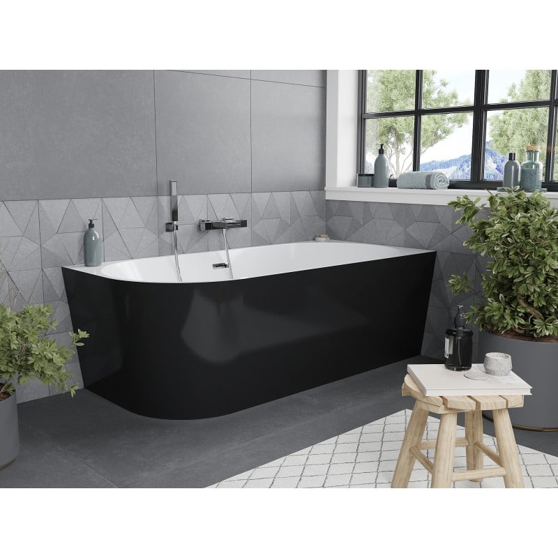 Mexen Mia freistehende Eckbadewanne rechts 160 x 80 cm, weiß/schwarz, Überlauf chrom - 52691608075P-01