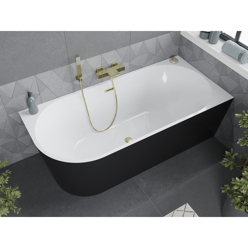 Mexen Mia freistehende Eckbadewanne rechts 160 x 80 cm, weiß/schwarz, Überlauf gebürstet gold - 52691608075P-55