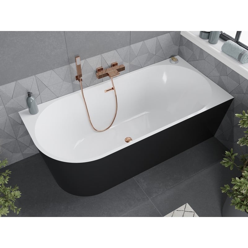 Mexen Mia freistehende Eckbadewanne rechts 160 x 80 cm, weiß/schwarz, Überlauf roségold - 52691608075P-60