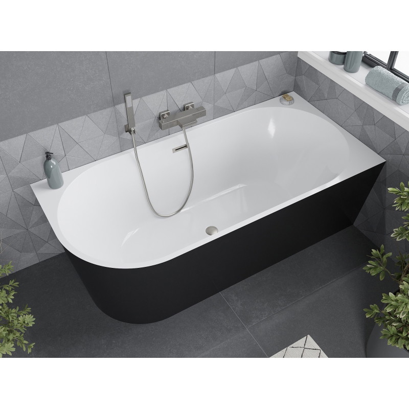 Mexen Mia freistehende Eckbadewanne rechts 160 x 80 cm, weiß/schwarz, Überlauf gebürstetes Nickel - 52691608075P-97