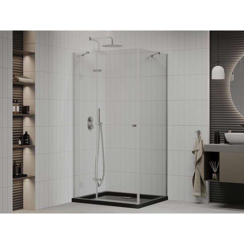 Mexen Roma Duschkabine schwenkbar 90 x 100 cm, transparent, Chrom + Duschwanne Flat, schwarz - 854-090-100-01-00-4070