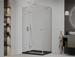 Mexen Roma Duschkabine klappbar 100 x 80 cm, transparent, chrom + Duschwanne Flat, schwarz - 854-100-080-01-00-4070