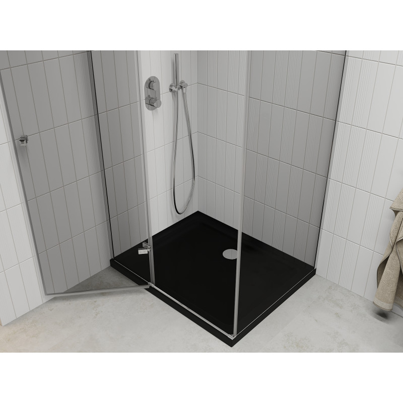 Mexen Roma Schwenkbare Duschkabine 100 x 90 cm, transparent, Chrom + Flat Duschwanne, schwarz - 854-100-090-01-00-4070