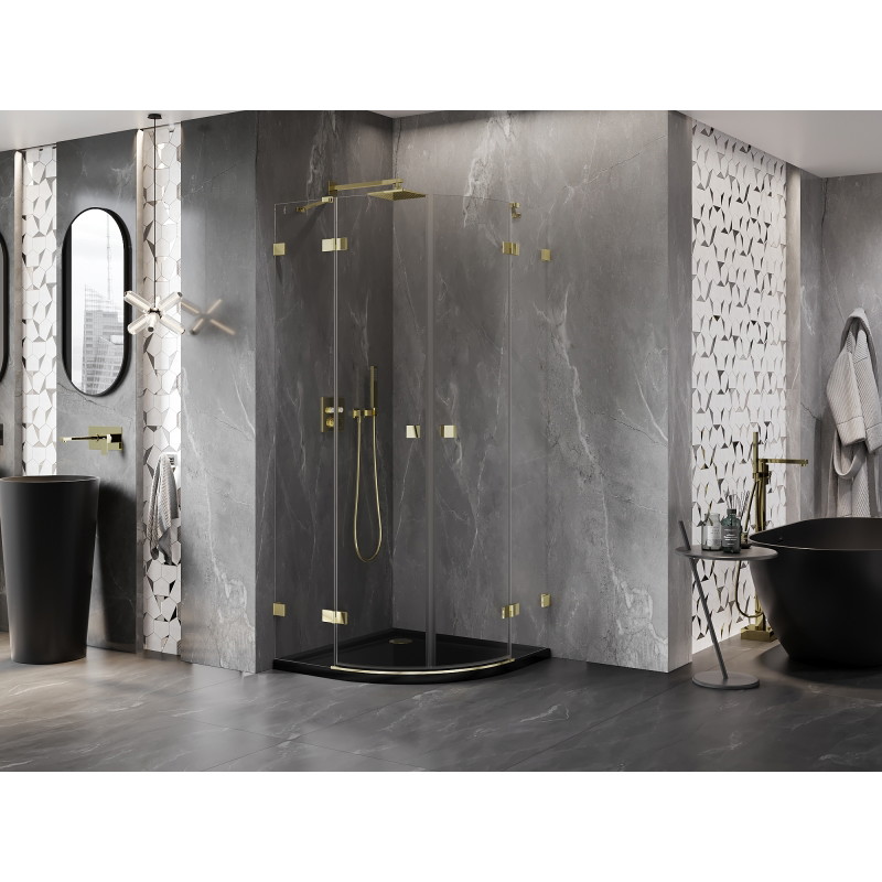 Mexen Lunar halbrunde Duschkabine, schwenkbar 90 x 90 cm, transparent, gold - 833-090L-090P-50-00