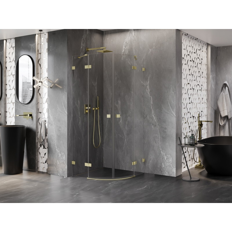Mexen Lunar halbrunde Duschkabine schwenkbar 90 x 90 cm, transparent, gebürstet gold - 833-090L-090P-55-00