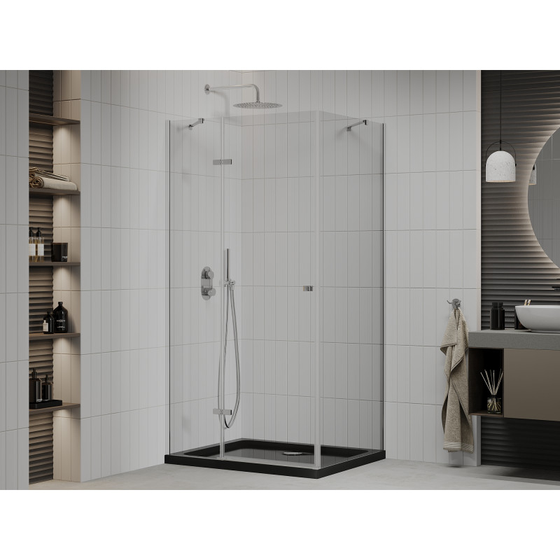 Mexen Roma Duschkabine schwenkbar 120 x 90 cm, transparent, Chrom + Duschwanne Flat, schwarz - 854-120-090-01-00-4070