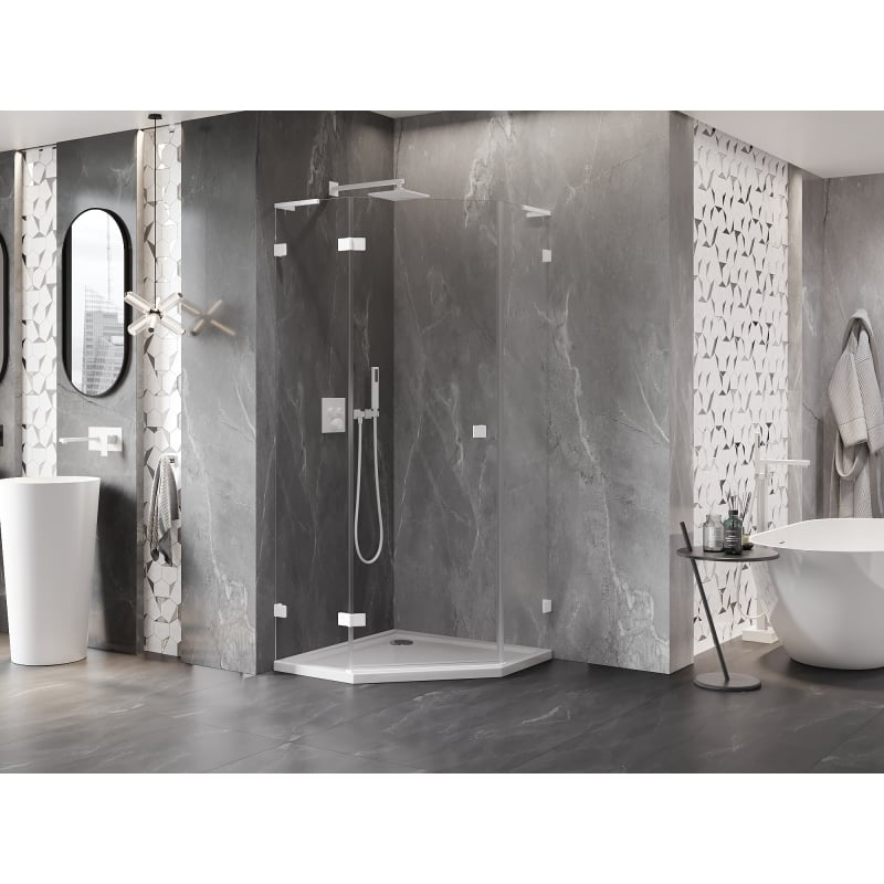 Mexen Lunar L Fünfeck-Duschkabine mit linker Drehtür 90 x 90 cm, transparent, weiß - 831L-090L-090P-20-00-L