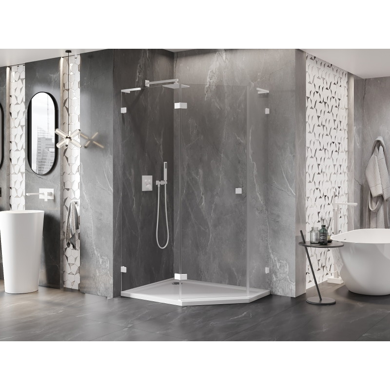 Mexen Lunar L fünfeckige Duschkabine schwenkbar links 100 x 80 cm, transparent, weiß - 831L-100L-080P-20-00-L