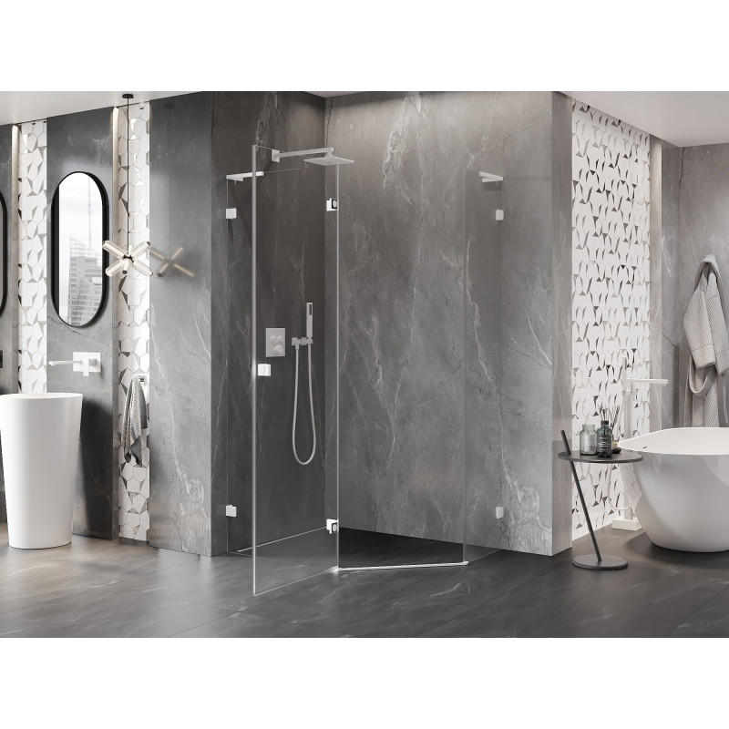 Mexen Lunar L fünfeckige Duschkabine schwenkbar links 100 x 80 cm, transparent, weiß - 831L-100L-080P-20-00-L