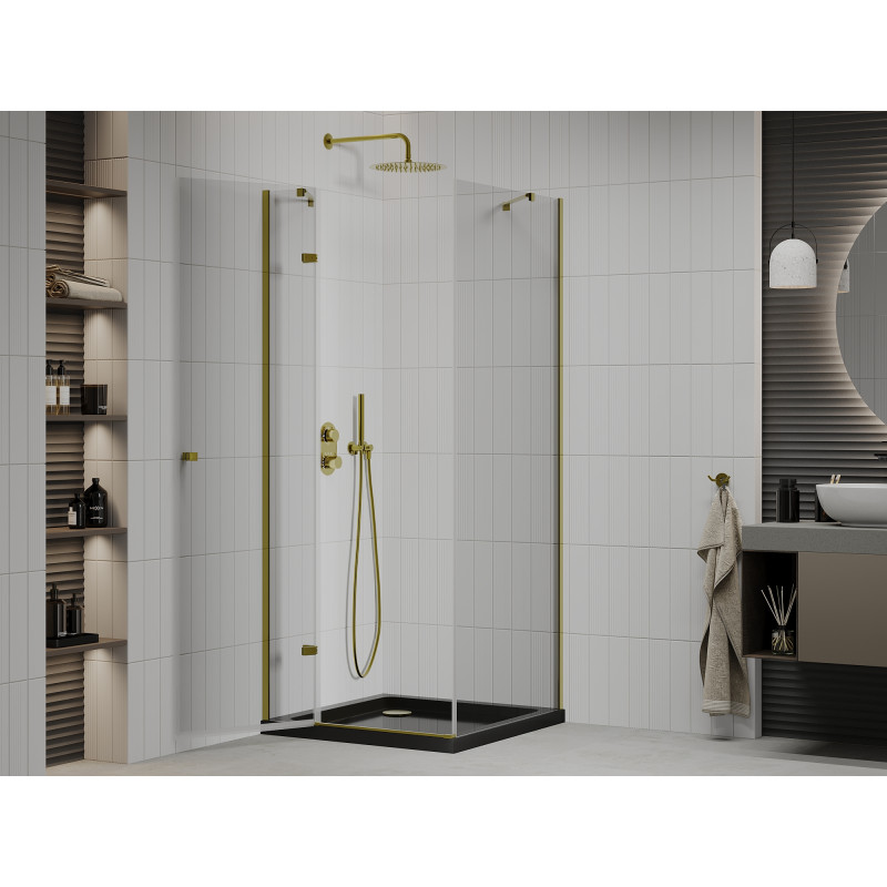 Mexen Roma duschecke schwenkbar 80 x 80 cm, transparent, gold + Duschwanne Flat, schwarz - 854-080-080-50-00-4070G