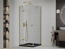 Mexen Roma duschecke schwenkbar 80 x 80 cm, transparent, gold + Duschwanne Flat, schwarz - 854-080-080-50-00-4070G
