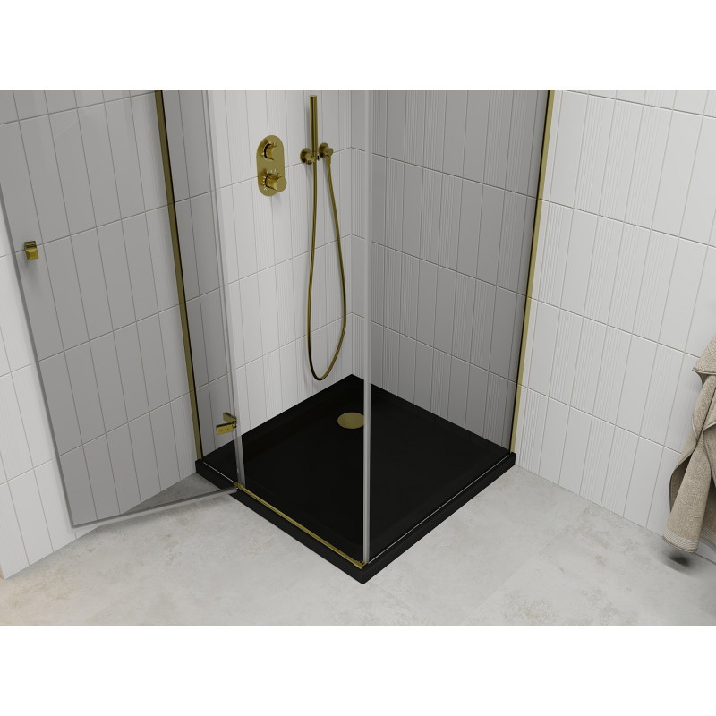 Mexen Roma Schwenkbare Duschkabine 90 x 90 cm, transparent, gold + Duschwanne Flat, schwarz - 854-090-090-50-00-4070G