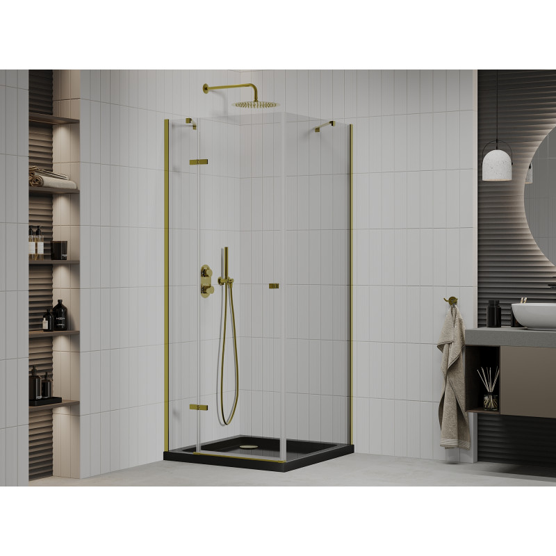 Mexen Roma Schwenkbare Duschkabine 90 x 90 cm, transparent, gold + Duschwanne Flat, schwarz - 854-090-090-50-00-4070G