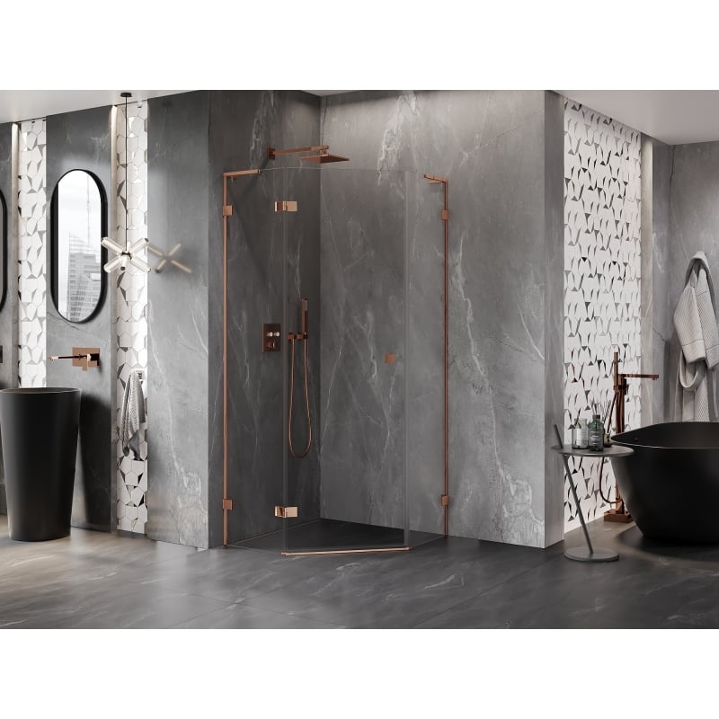 Mexen Lunar L Fünfeck-Duschkabine Schwenktür links 80 x 80 cm, transparent, Roségold - 831L-080L-080P-60-00-L
