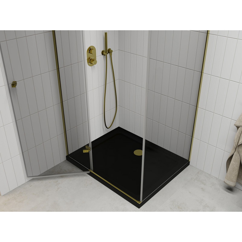 Mexen Roma Duschecke mit Schwingtür 100 x 90 cm, transparent, gold + Flat-Duschwanne, schwarz - 854-100-090-50-00-4070G