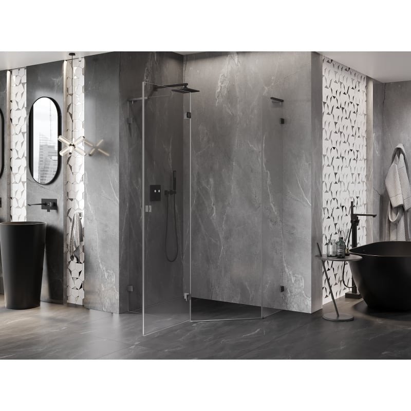 Mexen Lunar L fünfeckige Duschkabine schwenkbar links 90x80 cm, transparent, gebürstet gun gray - 831L-090L-080P-66-00-L