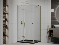 Mexen Roma Duschecke mit Schwingtür 100 x 90 cm, transparent, gold + Flat-Duschwanne, schwarz - 854-100-090-50-00-4070G