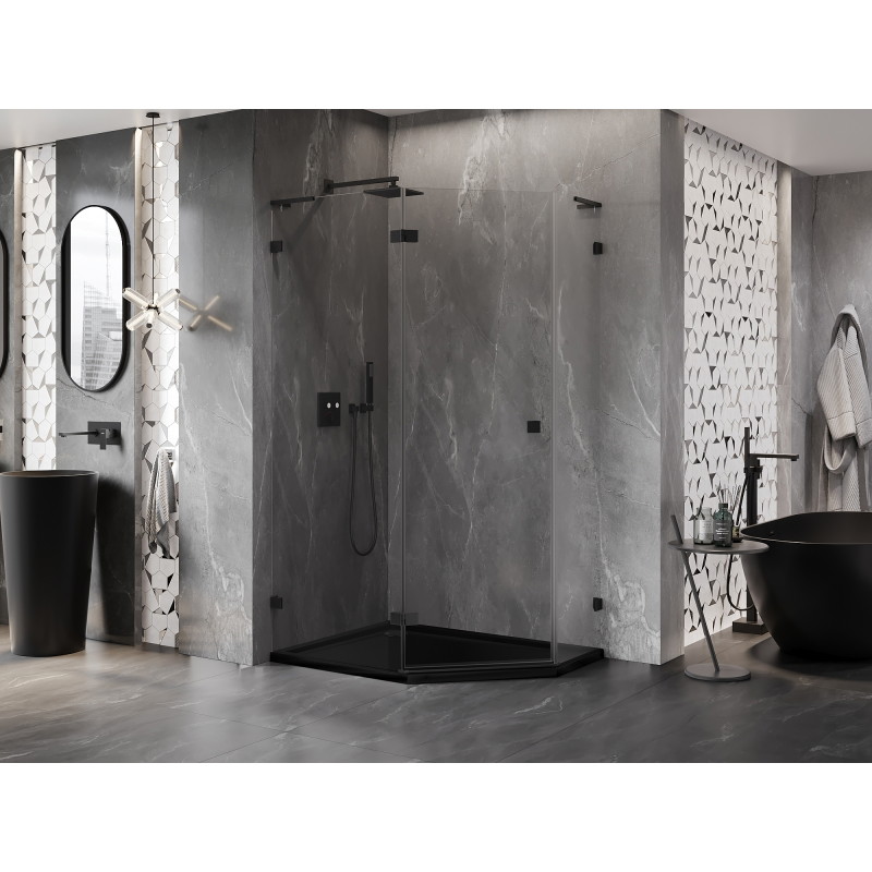 Mexen Lunar L Fünfeck-Duschkabine mit Schwingtür links 90 x 80 cm, transparent, schwarz - 831L-090L-080P-70-00-L