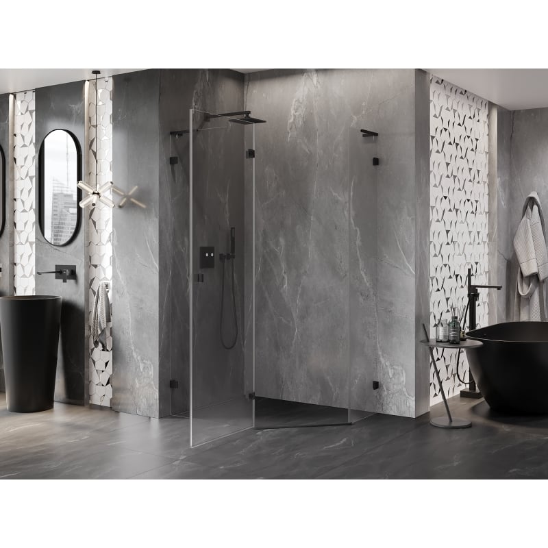 Mexen Lunar L fünfeckige Duschkabine schwenkbar links 100 x 80 cm, transparent, schwarz - 831L-100L-080P-70-00-L