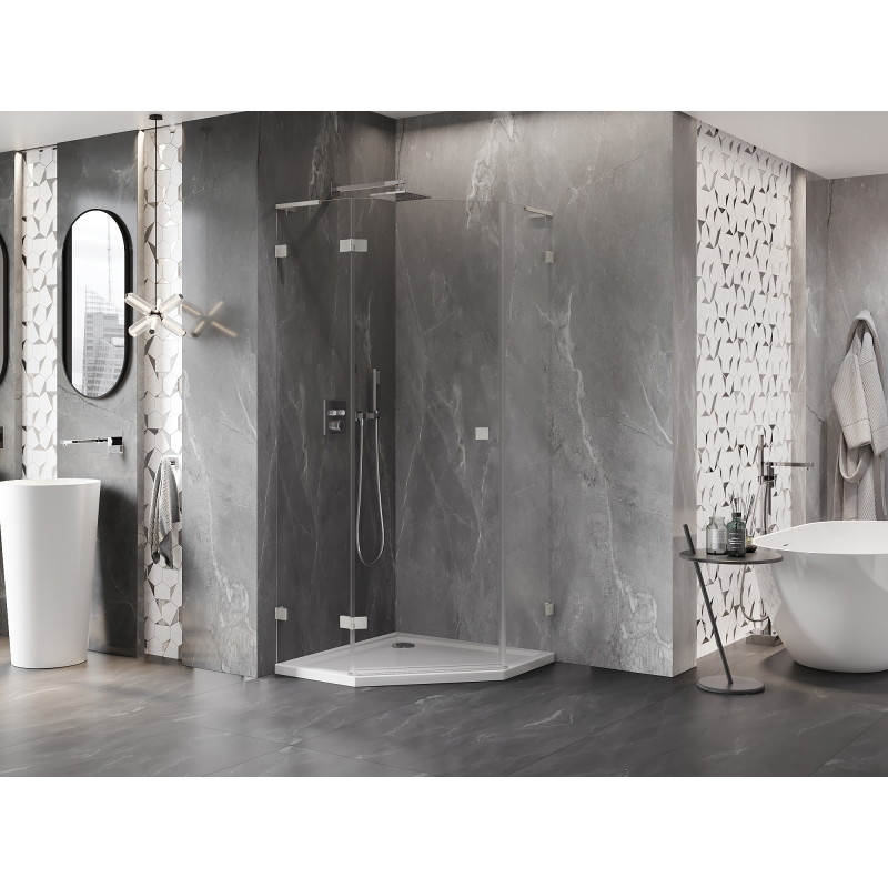 Mexen Lunar L Fünfeckige Duschkabine, schwenkbar, links 80 x 80 cm, transparent, gebürstetes Nickel - 831L-080L-080P-97-00-L