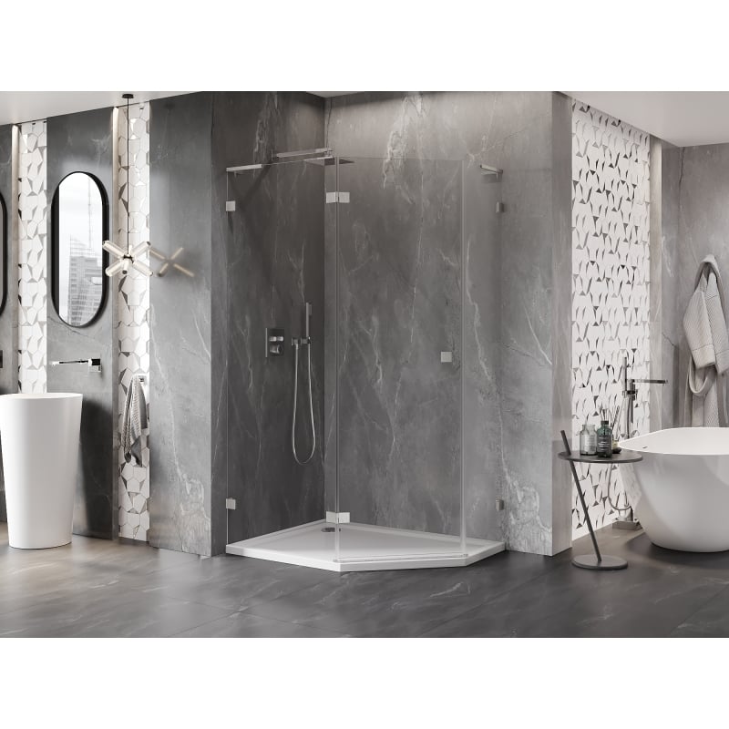 Mexen Lunar L Fünfeck-Duschkabine, schwenkbar, links, 90 x 80 cm, transparent, gebürstetes Nickel - 831L-090L-080P-97-00-L