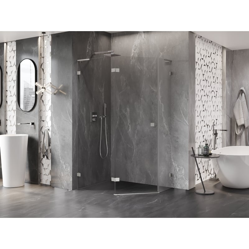 Mexen Lunar L Fünfeck-Duschkabine schwenkbar links 100 x 80 cm, transparent, gebürsteter Nickel - 831L-100L-080P-97-00-L