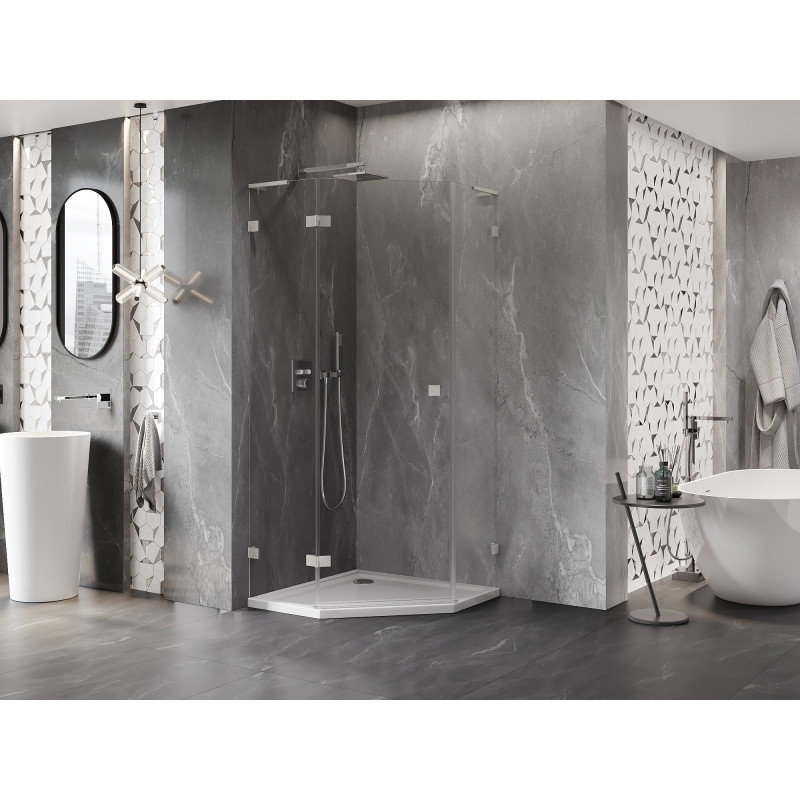Mexen Lunar L Fünfeck-Duschkabine, schwenkbar, links 100x100 cm, transparent, gebürstetes Nickel - 831L-100L-100P-97-00-L