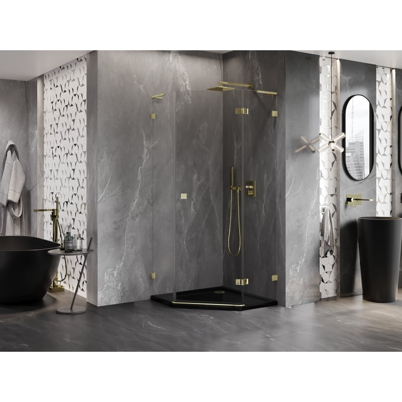 Mexen Lunar L fünfeckige Duschkabine schwenkbar rechts 80 x 80 cm, transparent, gold - 831L-080P-080L-50-00-P