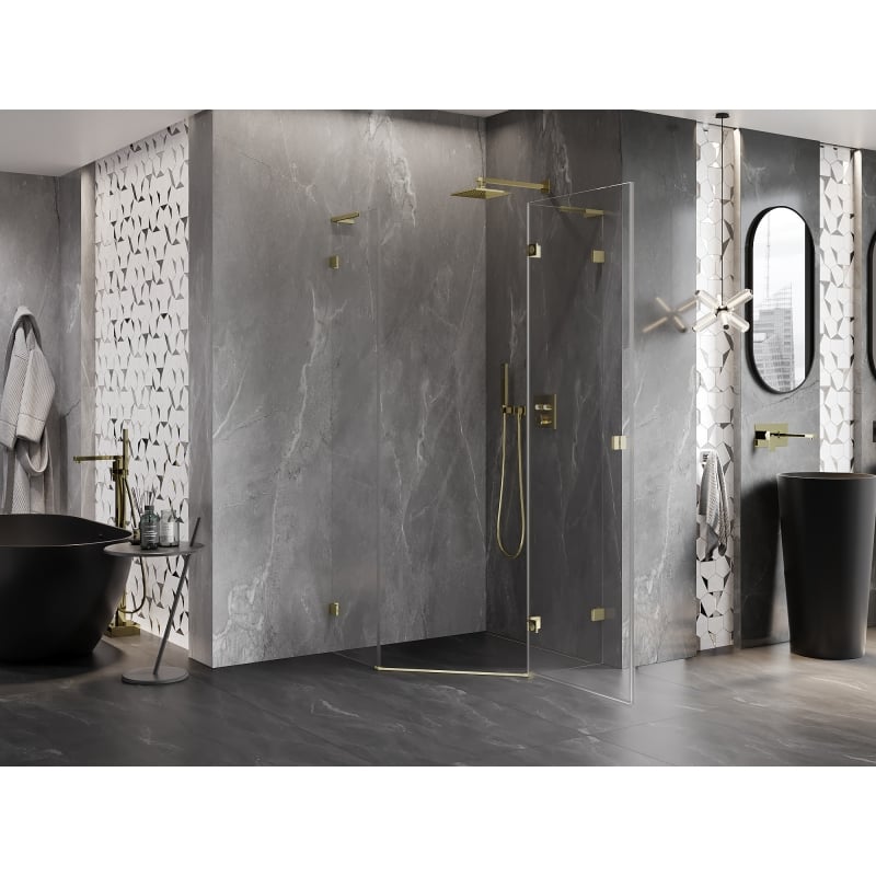 Mexen Lunar L fünfeckige Duschkabine schwenkbar rechts 80 x 80 cm, transparent, gold - 831L-080P-080L-50-00-P