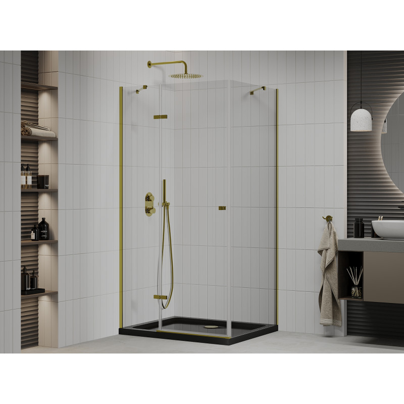 Mexen Roma Schwenkbare Duschkabine 100 x 80 cm, transparent, gold + Duschwanne Flat, schwarz - 854-100-080-50-00-4070G