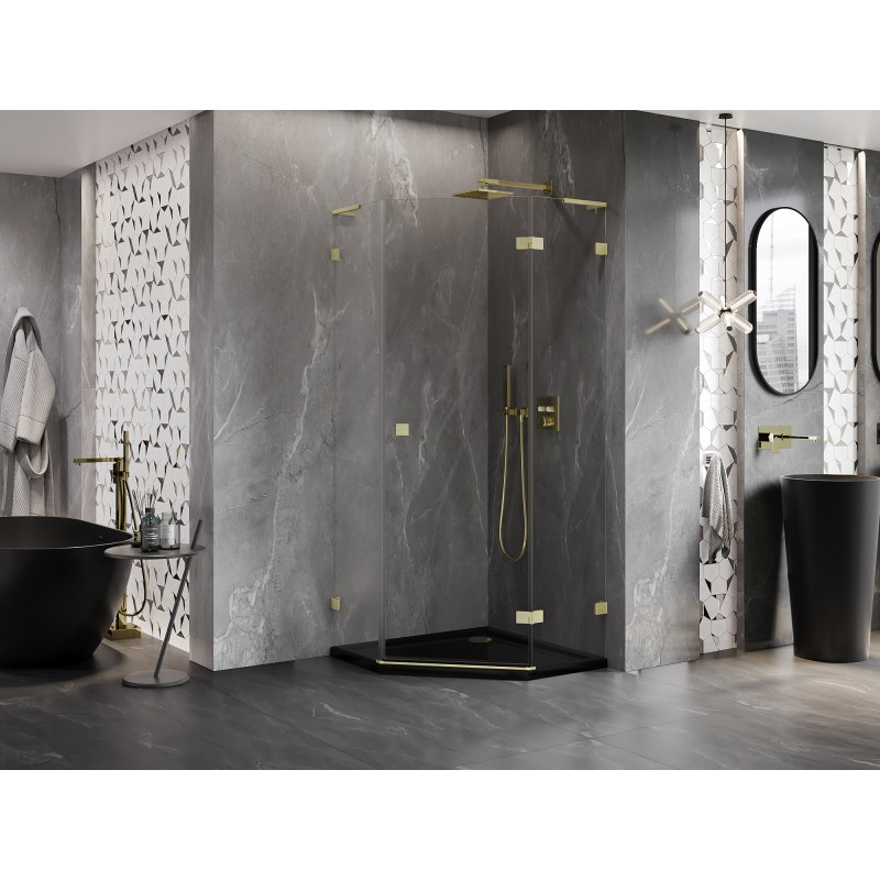Mexen Lunar L Fünfeck-Duschkabine, Schwenktür rechts 90 x 90 cm, transparent, gebürstetes Gold - 831L-090P-090L-55-00-P