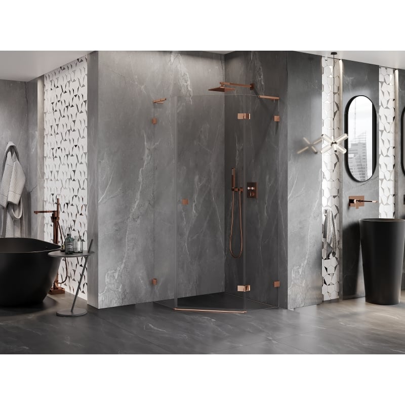Mexen Lunar L fünfeckige Duschkabine rechts 90 x 90 cm, transparent, Roségold - 831L-090P-090L-60-00-P