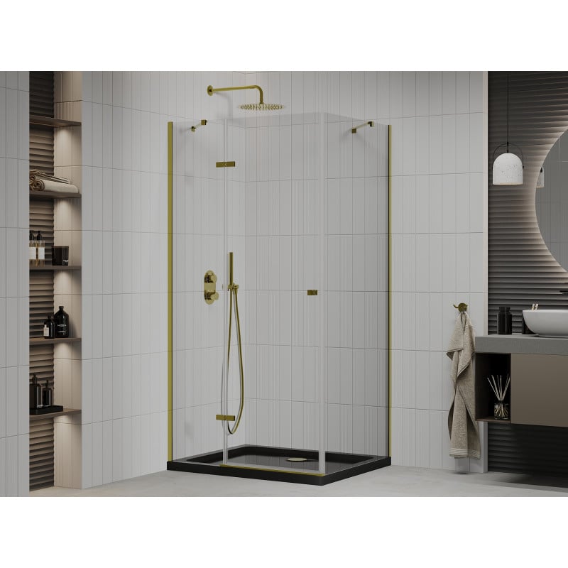 Mexen Roma Duschkabine schwenkbar 120 x 80 cm, transparent, gold + Duschwanne Flat, schwarz - 854-120-080-50-00-4070G