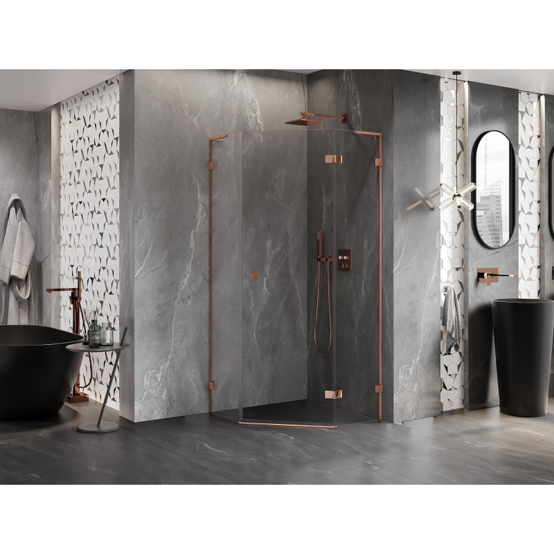 Mexen Lunar L fünfeckige Duschkabine schwenkbar rechts 100 x 100 cm, transparent, Roségold - 831L-100P-100L-60-00-P