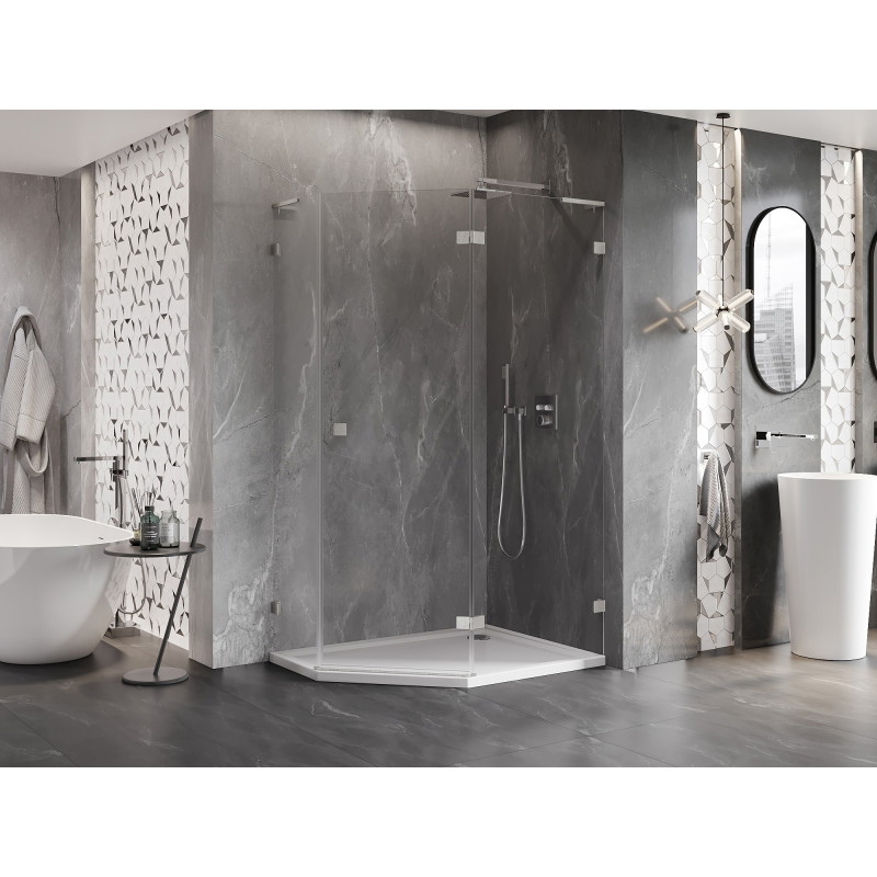 Mexen Lunar L fünfeckige Duschkabine rechte Tür 100x80 cm, transparent, gebürsteter Nickel - 831L-100P-080L-97-00-P