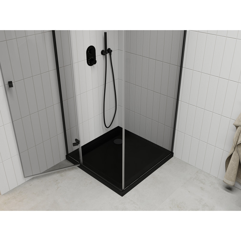 Mexen Roma Duschkabine schwenkbar 80 x 80 cm, transparent, schwarz + Duschwanne Flat, schwarz - 854-080-080-70-00-4070B
