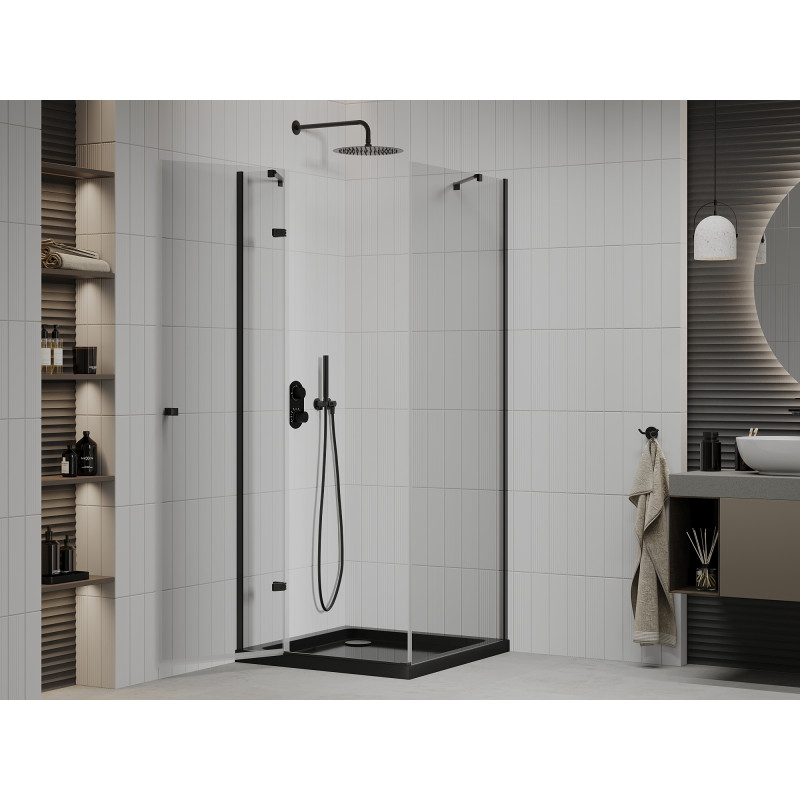 Mexen Roma Duschkabine schwenkbar 80 x 80 cm, transparent, schwarz + Duschwanne Flat, schwarz - 854-080-080-70-00-4070B