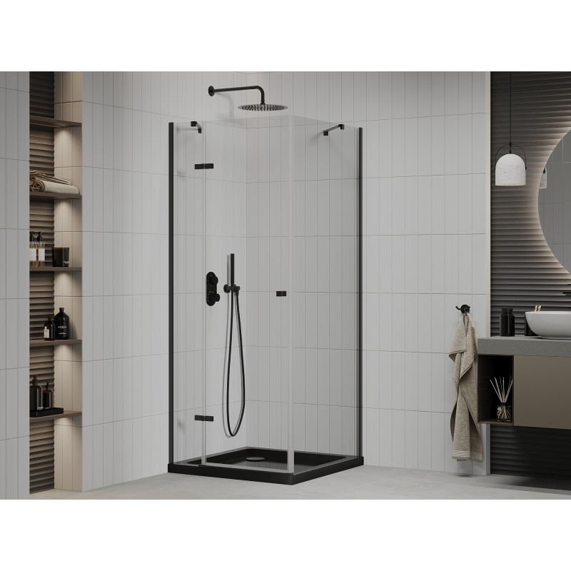 Mexen Roma Duschkabine schwenkbar 80 x 80 cm, transparent, schwarz + Duschwanne Flat, schwarz - 854-080-080-70-00-4070B