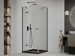 Mexen Roma Duschkabine schwenkbar 80 x 80 cm, transparent, schwarz + Duschwanne Flat, schwarz - 854-080-080-70-00-4070B