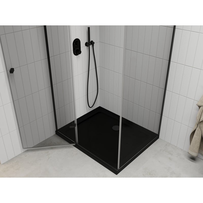 Mexen Roma Duschkabine schwenkbar 80 x 100 cm, transparent, schwarz + Duschwanne Flat, schwarz - 854-080-100-70-00-4070B
