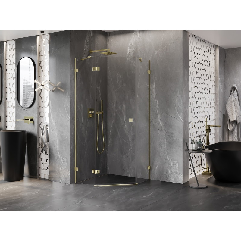 Mexen Lunar fünfeckige Duschkabine, links öffnend, 80 x 80 cm, transparent, gold - 831-080L-080P-50-00-L