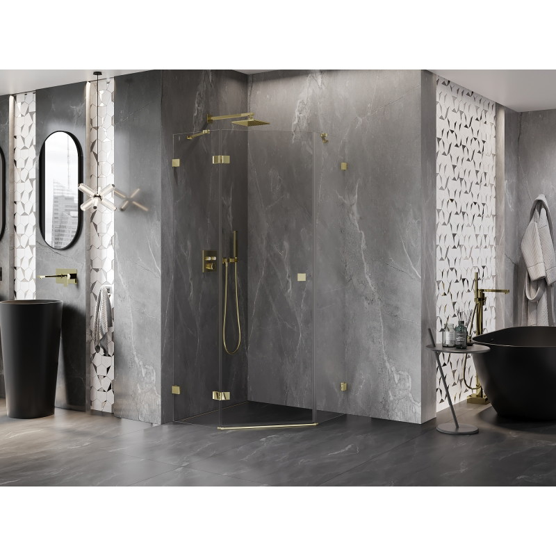 Mexen Lunar fünfeckige Duschkabine, links öffnend, 80 x 80 cm, transparent, gold - 831-080L-080P-50-00-L